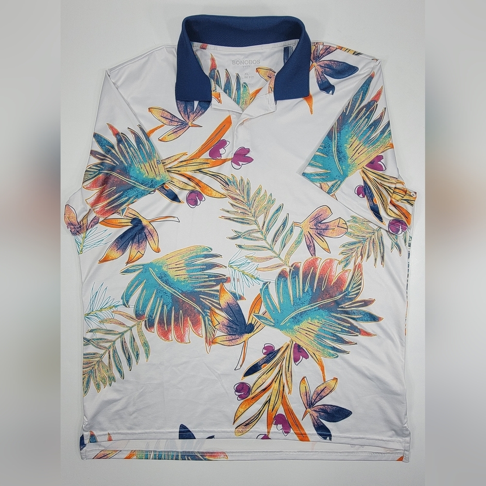 Bonobos Men's Golf Polo Shirt XL Slim White Tropical Floral Print Performance